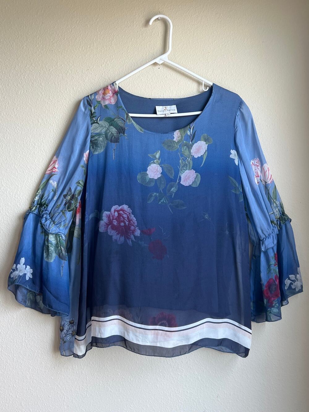 Belle France Viscose Silk Blue Ombre Floral Tiered Bell Sleeve Blouse Size L